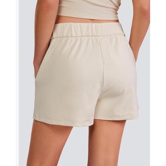 CRZ YOGA Womens Shorts XL Cream Ribbed High Waisted Comfy Lounge Pockets - Picture 2 of 4